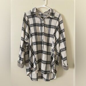 Hem & Thread  Cream  & Black  Plaid Raw Edge High Low Button  Down Size L